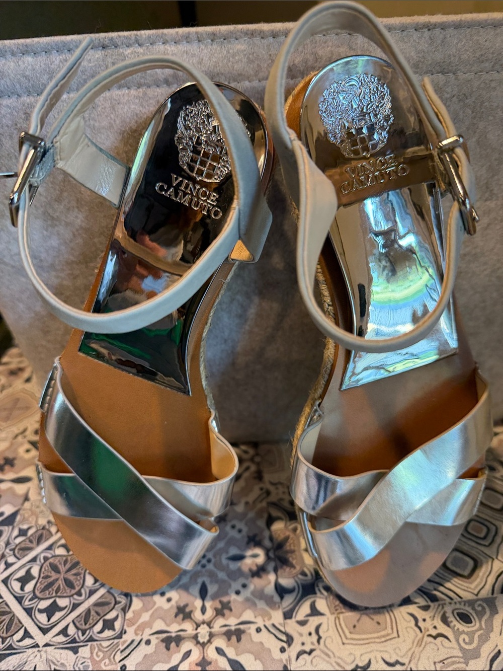Vince Camuto Metallic Silver Cross-Strap Ankle Sandals